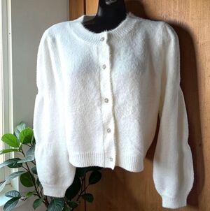 Nanette Lepore Ivory Fuzzy Cropped Pearl Embellished Button-Up Cardigan Size L